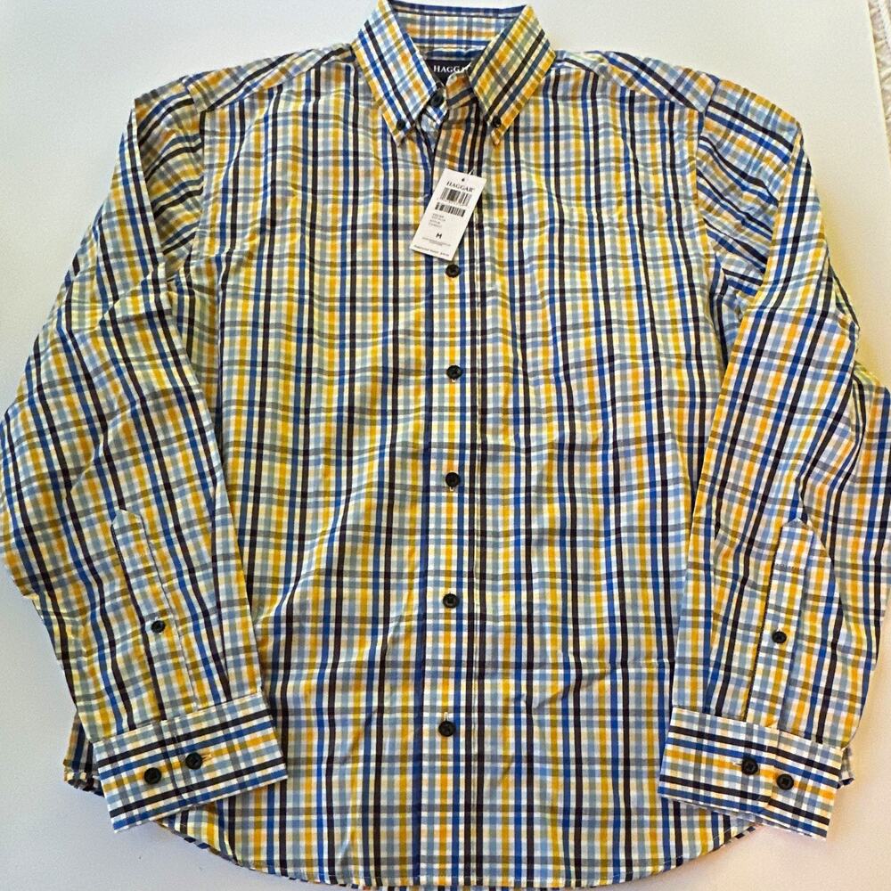 Haggar Men's M Plaid Button-Down Woven Button-Up Shirt Long Sleeve Blue Yellow